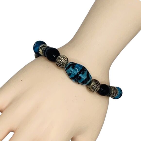 Vintage Blue Glass 925 Sterling Silver Bracelet 8" Toggle Clasp Signed - Picture 7 of 11